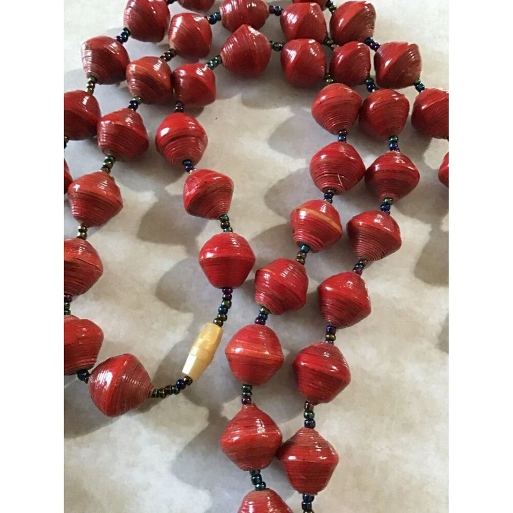 Handmade Red Paper Bead Necklace 36” Long Sustainable Eco-Friendly Boho Jewelry